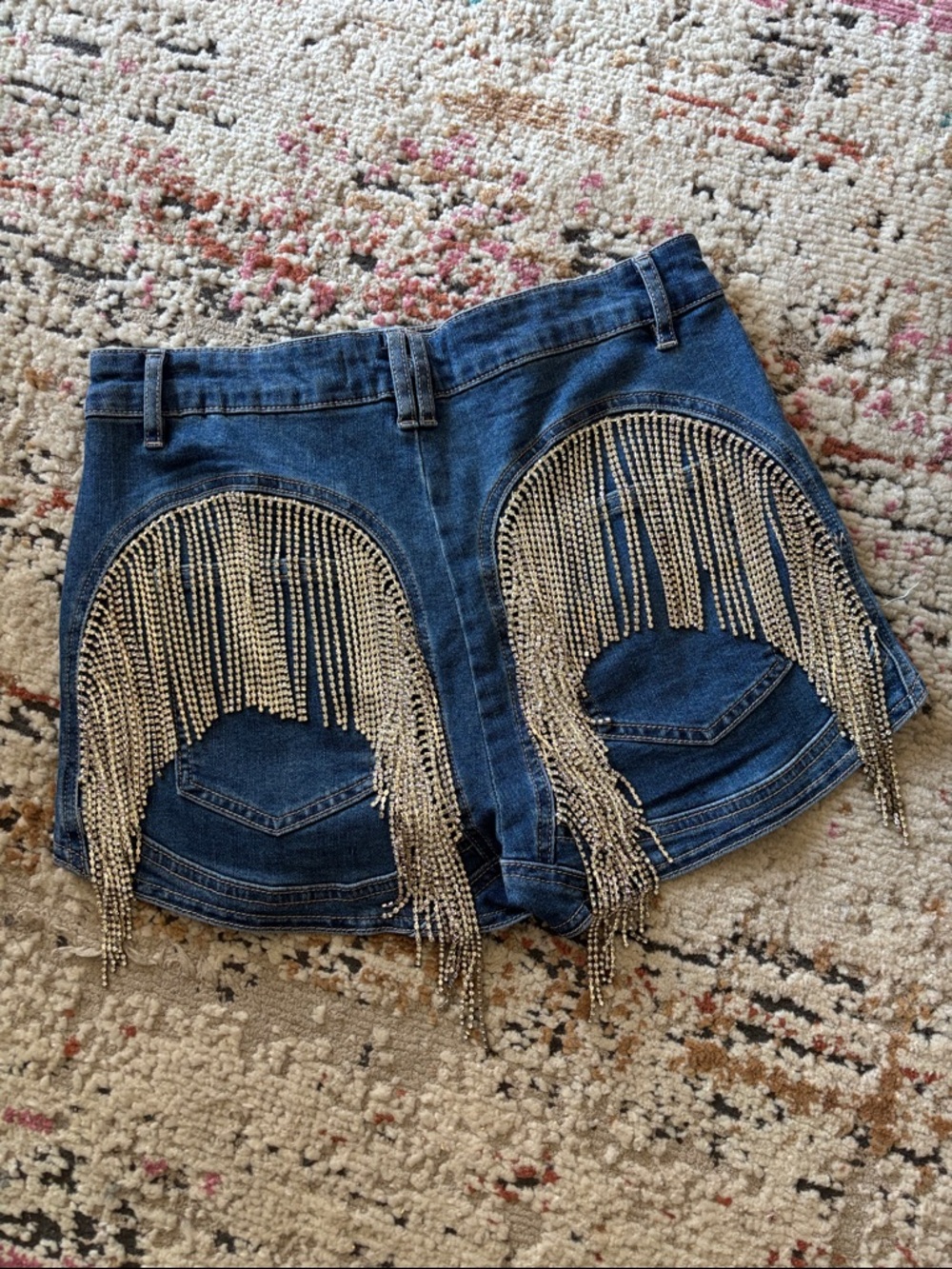 Dark Blue Denim Shorts with Silver Fringe Accent